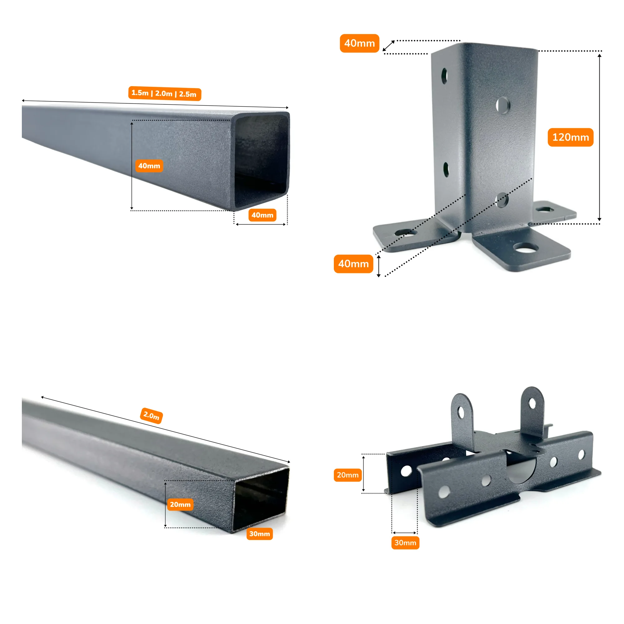 Piesele sistemului de montaj în RAL 7016 antracit, cu dimensiuni: pilon 40×40 mm, suport pilon, țeavă 30×20 mm și suport țeavă