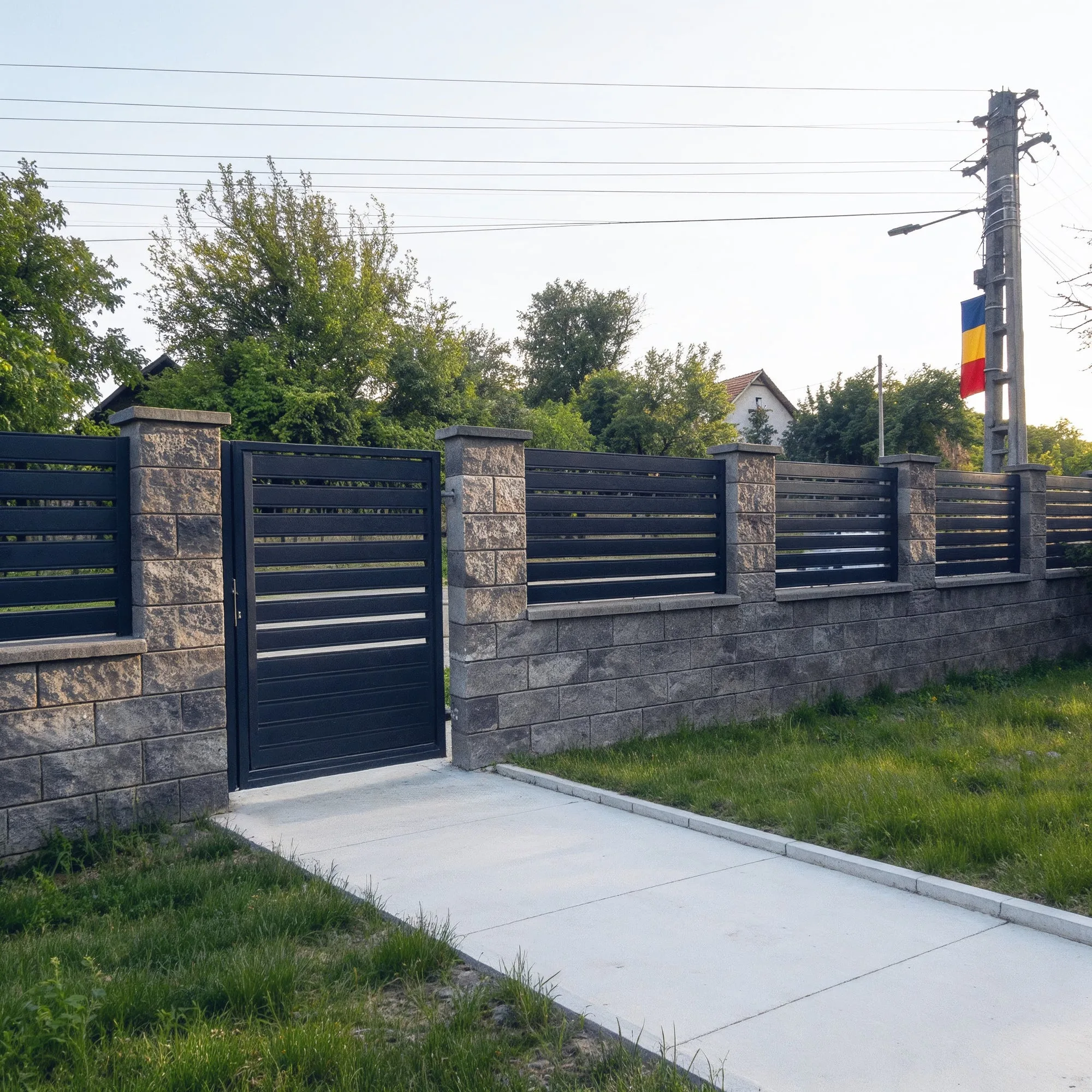 Gard și portiță Terra Pro gri antracit între stâlpi de piatră
